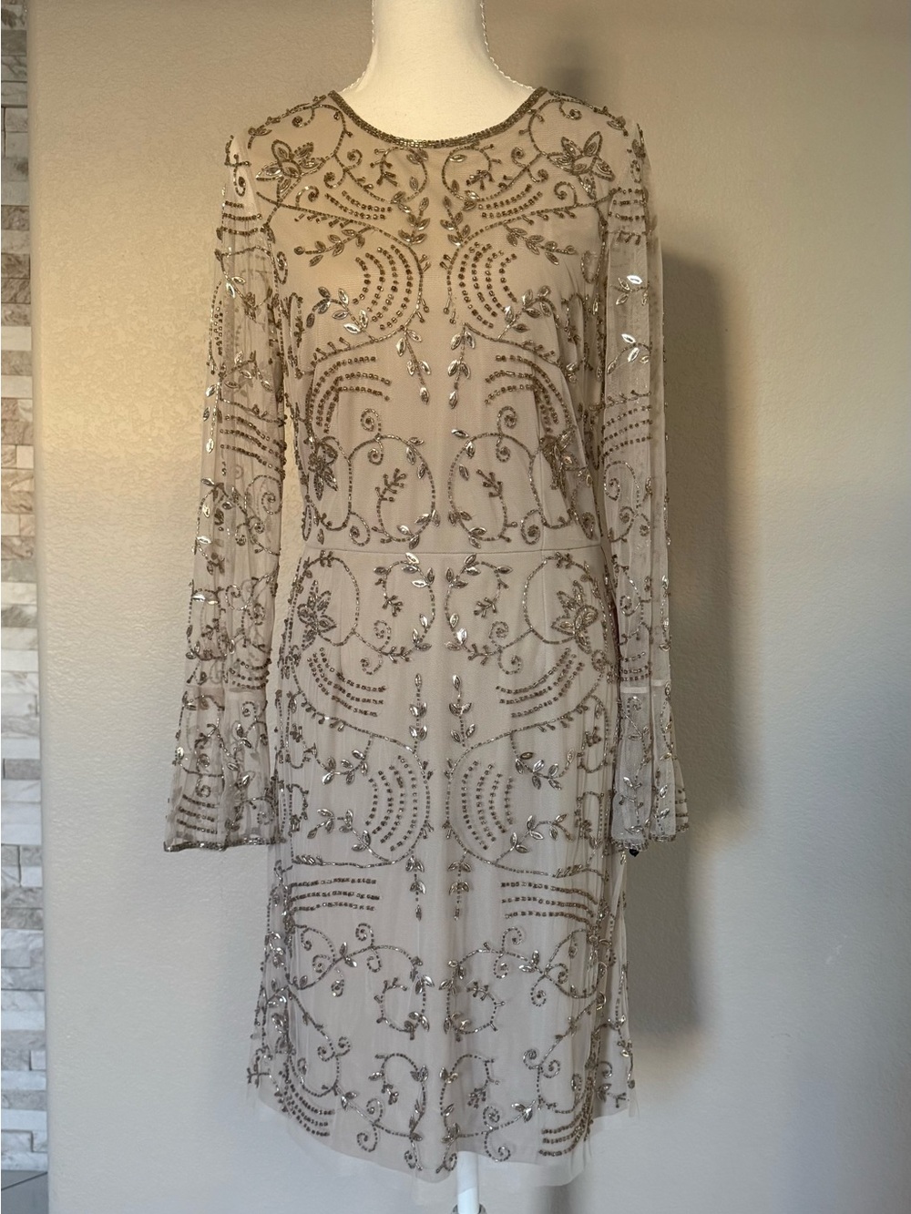Adrianna Papell Beaded Long-Sleeve Sheer Dress - Champagne Gold